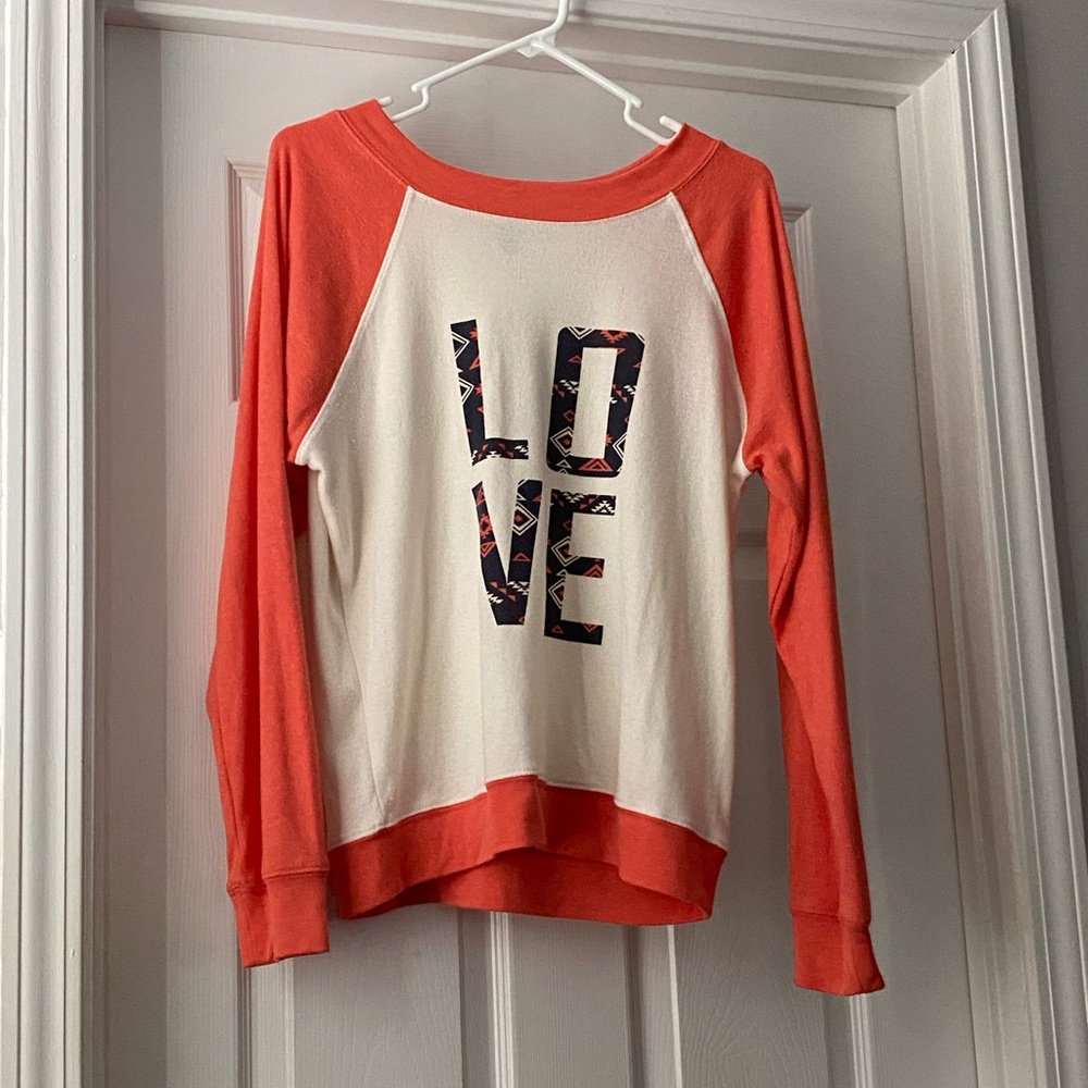 Derek Heart Cream and Coral Raglan Long Sleeve "LOVE" Top